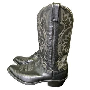 Dan Post Black Western Cowboy Boots Vintage Size 9E Pointed Toe White Stitching